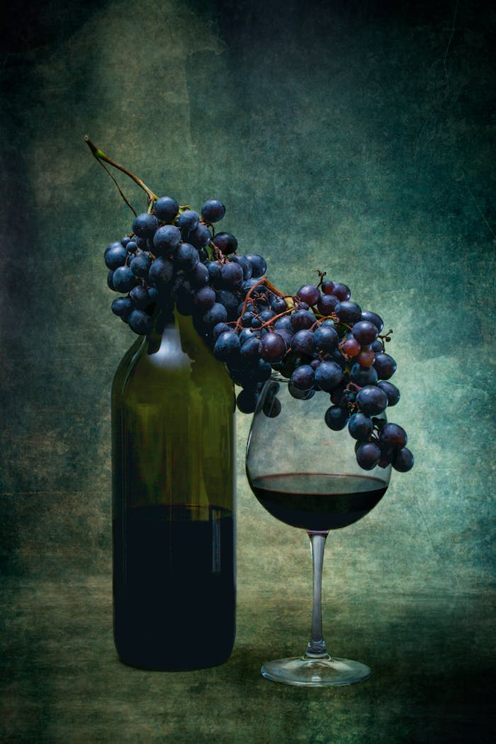 A sophisticated still life featuring a bottle of red wine with grapes, perfect for wine enthusiasts.