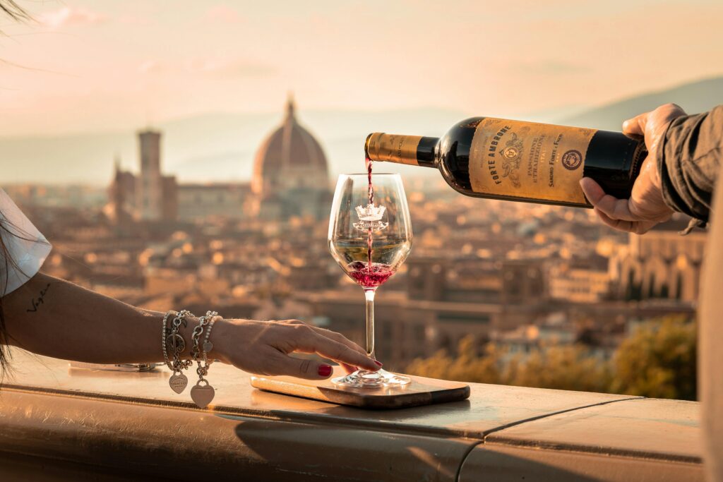 Brunello di montalcino wine the king of tuscany Elegant wine pouring scene with Florence